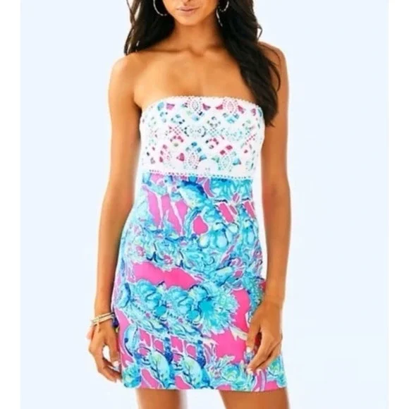 Lilly Pulitzer Brynn Strapless Dress Lobsters In Love Razz Crochet Shift Size 8 - Picture 3 of 16